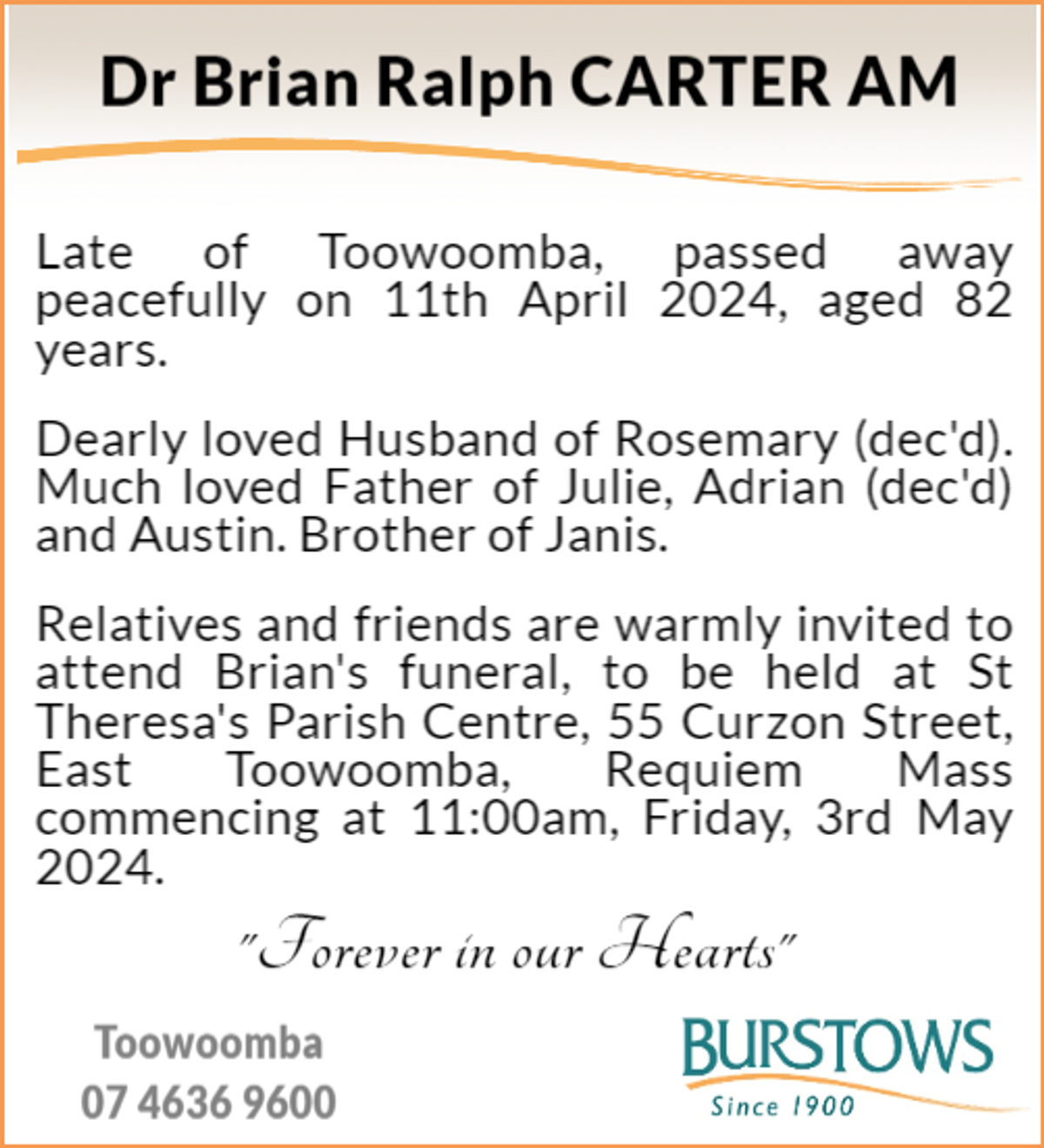Funeral notice for Brian Ralph Carter
