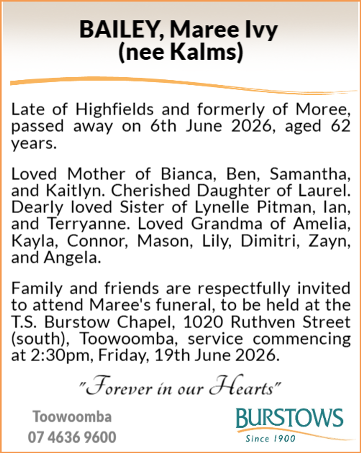 Funeral notice for Maree Ivy Bailey