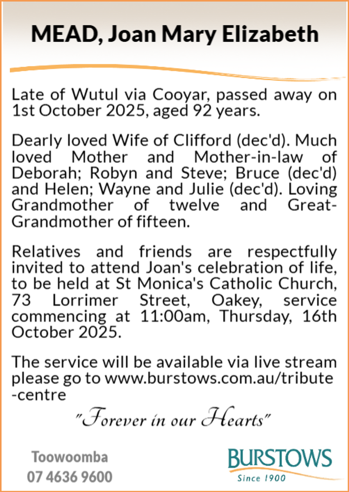 Funeral notice for Joan Mary Elizabeth Mead