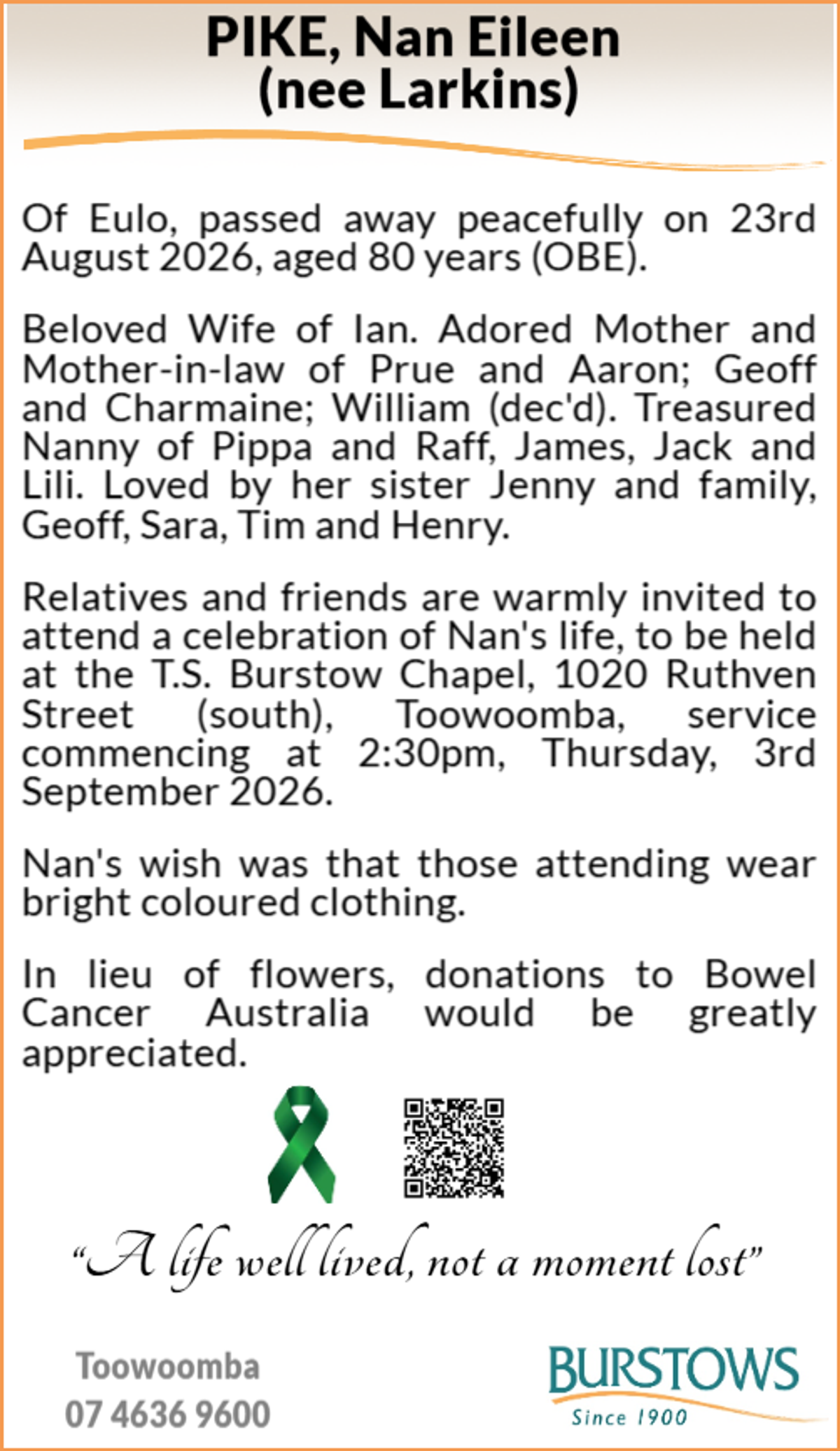 Funeral notice for Nan Eileen Pike