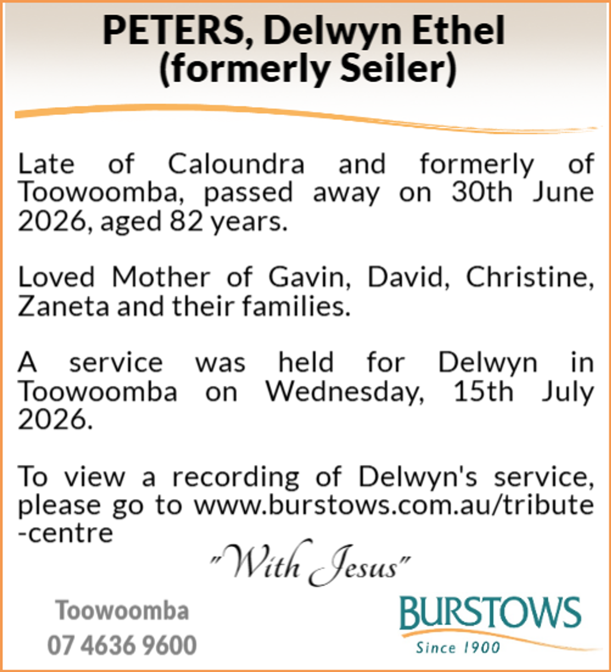 Funeral notice for Delwyn Ethel Peters
