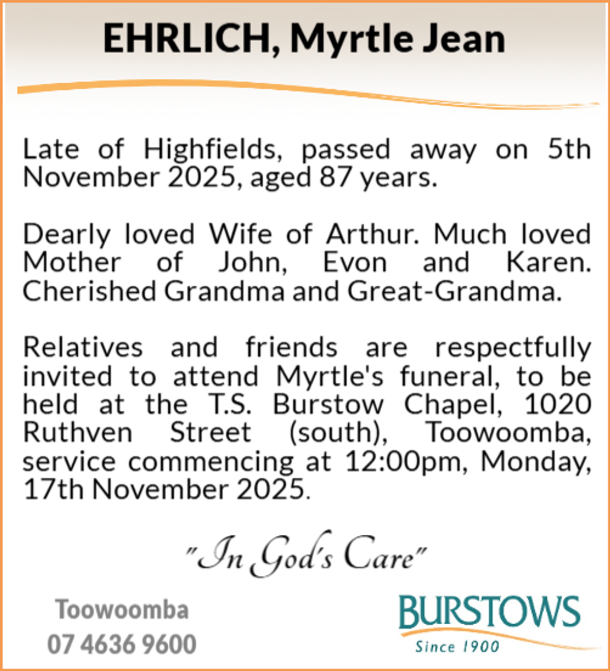 Funeral notice for Myrtle Jean Ehrlich