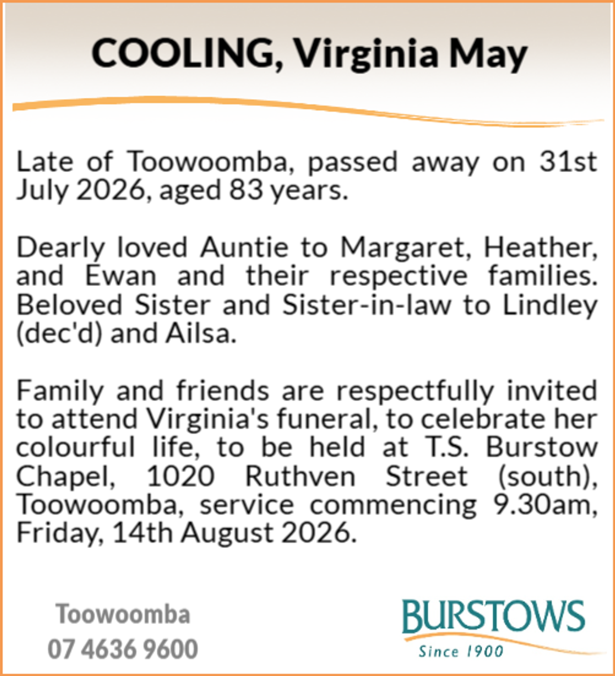 Funeral notice for Virginia May Cooling