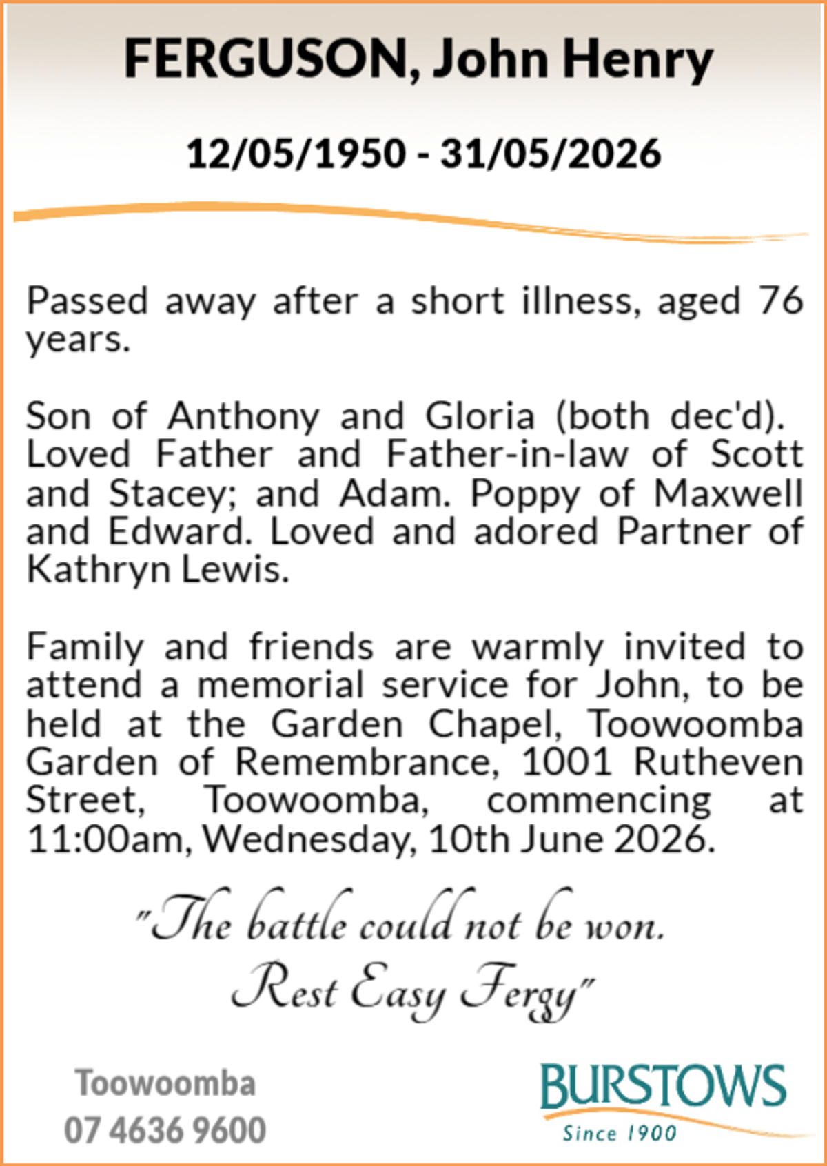 Funeral notice for John Henry Ferguson