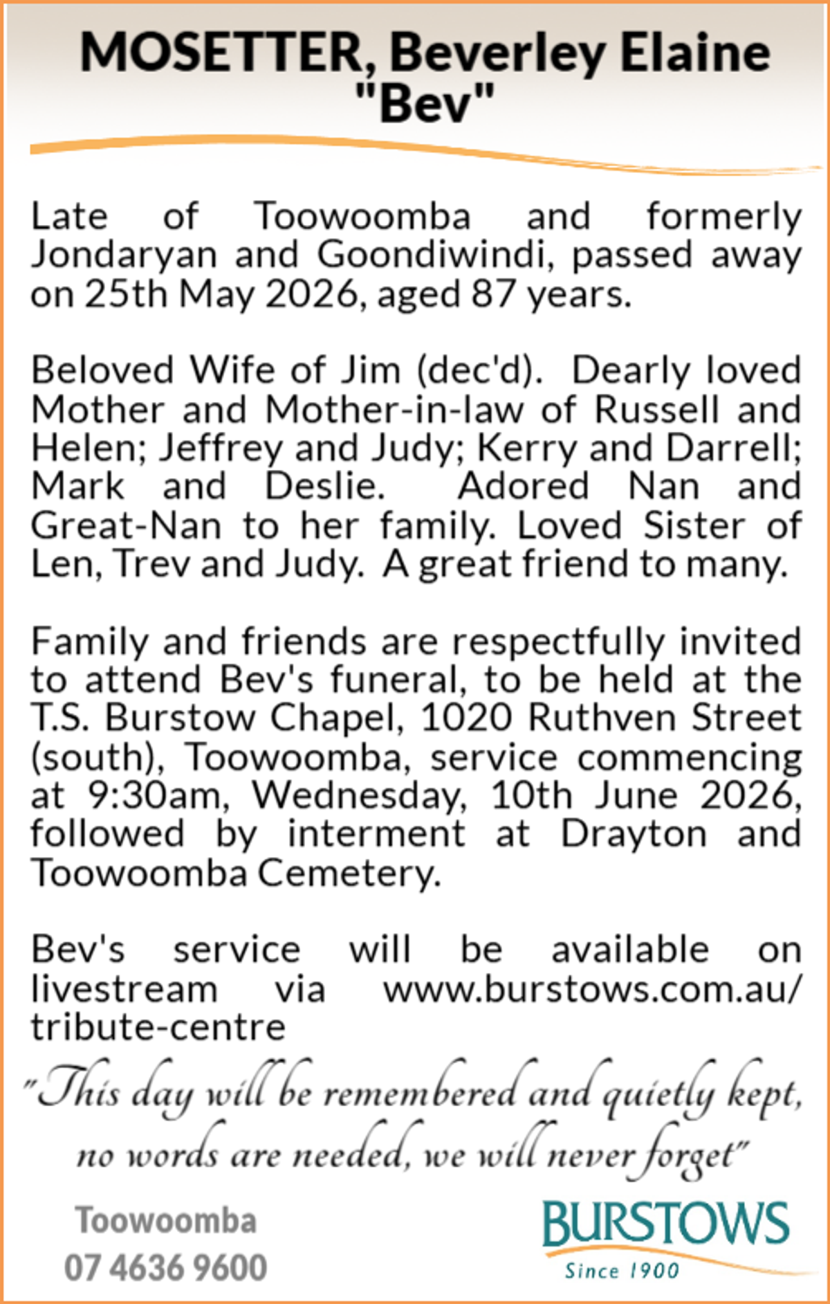 Funeral notice for Beverley Elaine Mosetter