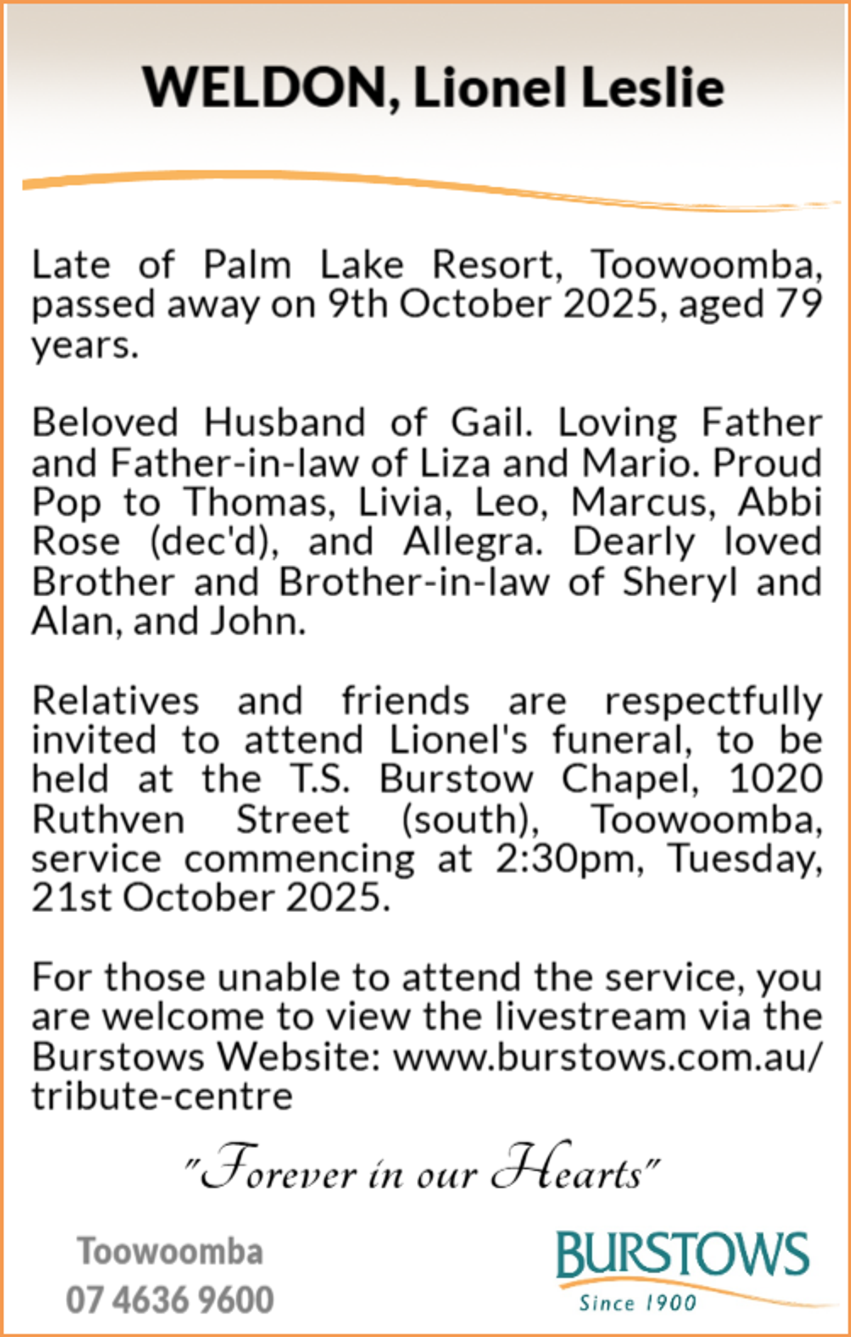 Funeral notice for Lionel Leslie Weldon