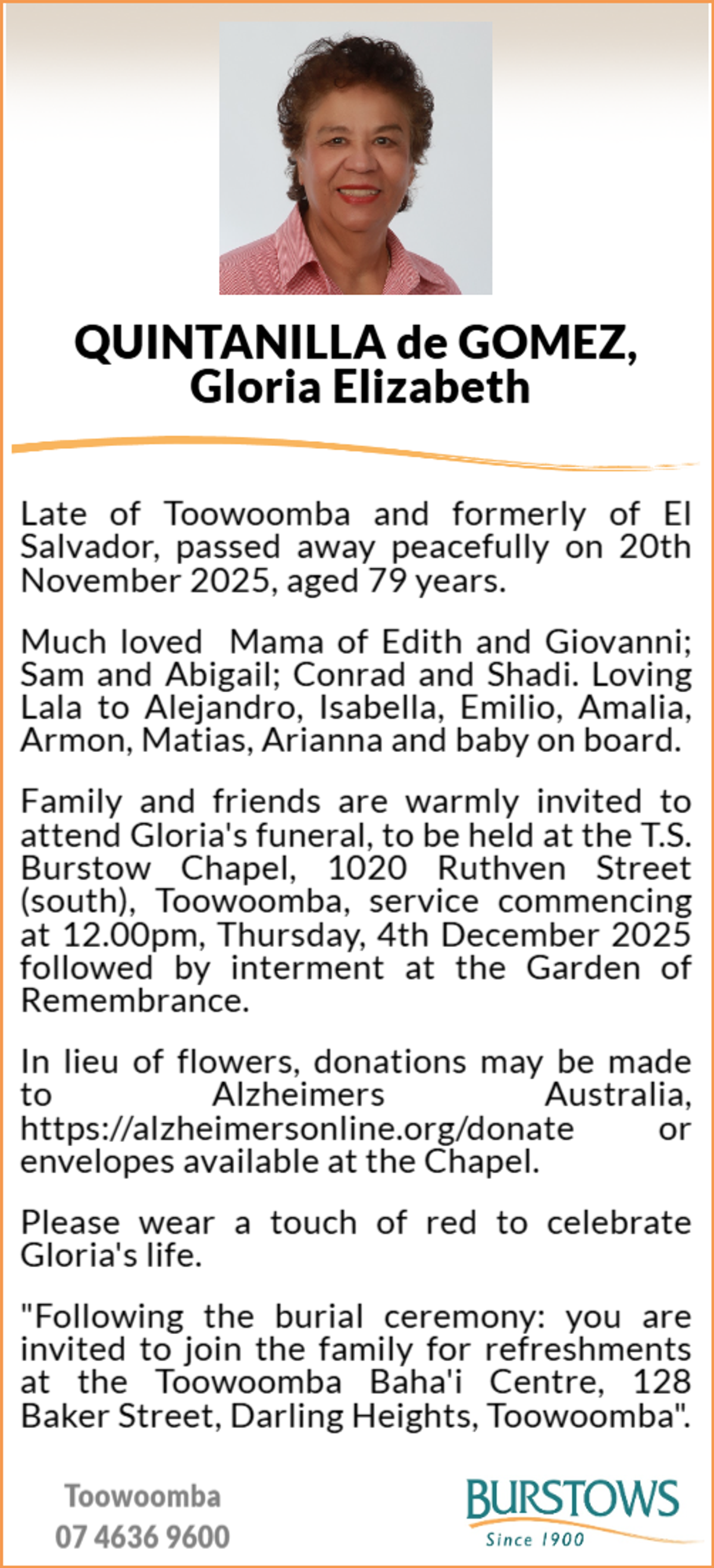 Funeral notice for Gloria Elizabeth Quintanilla de Gomez