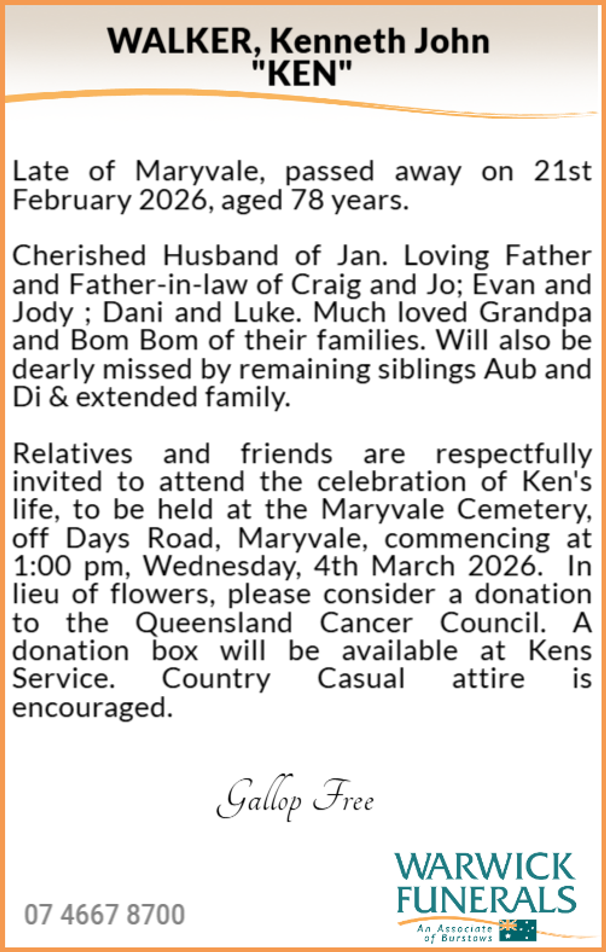 Funeral notice for Kenneth John Walker