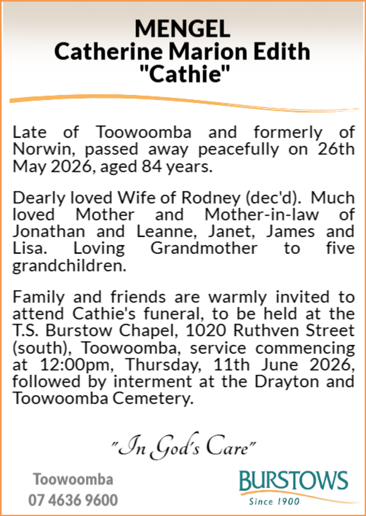 Funeral notice for Catherine Marion Edith Mengel