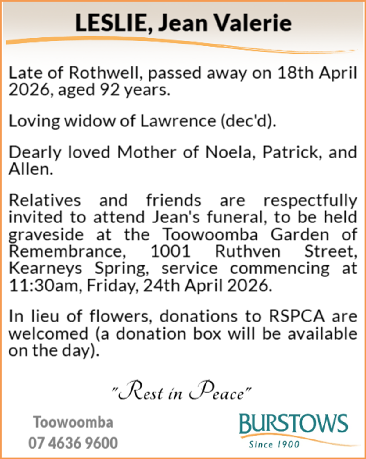 Funeral notice for Jean Valerie Leslie