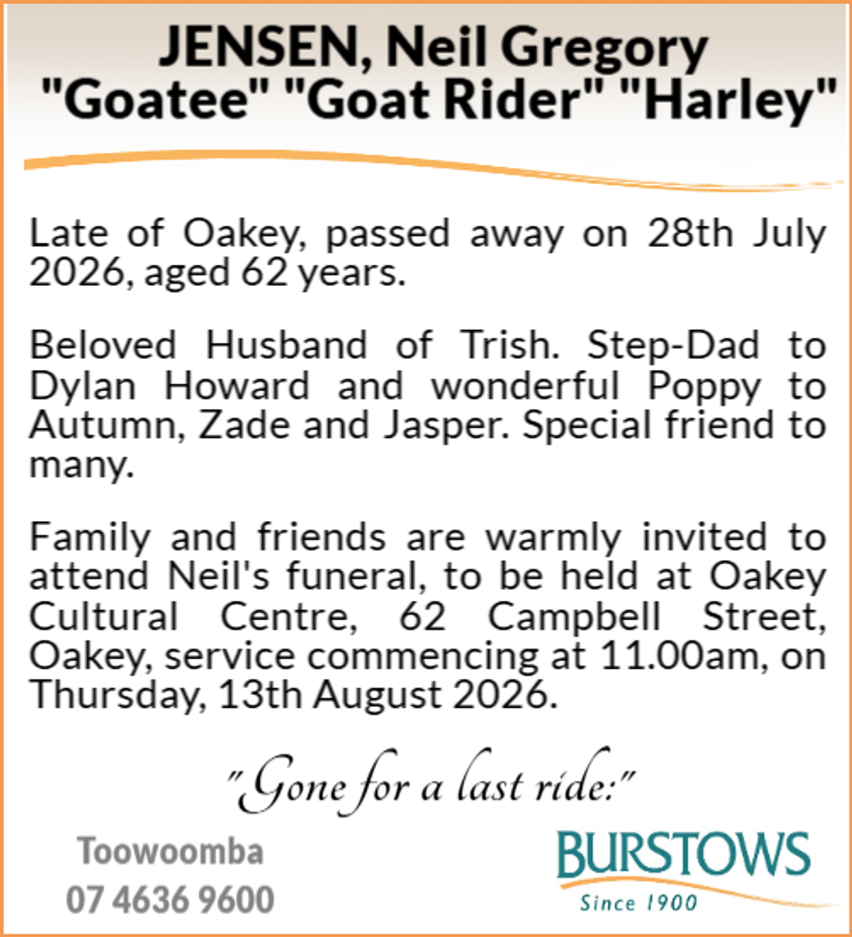 Funeral notice for Neil Gregory Jensen