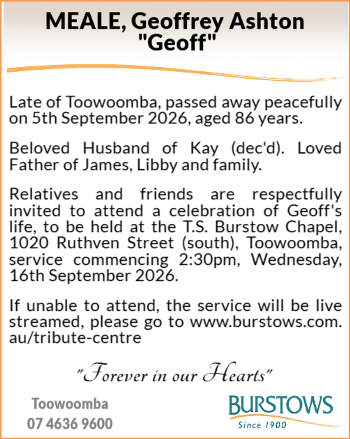 Funeral notice for Geoffrey Ashton Meale