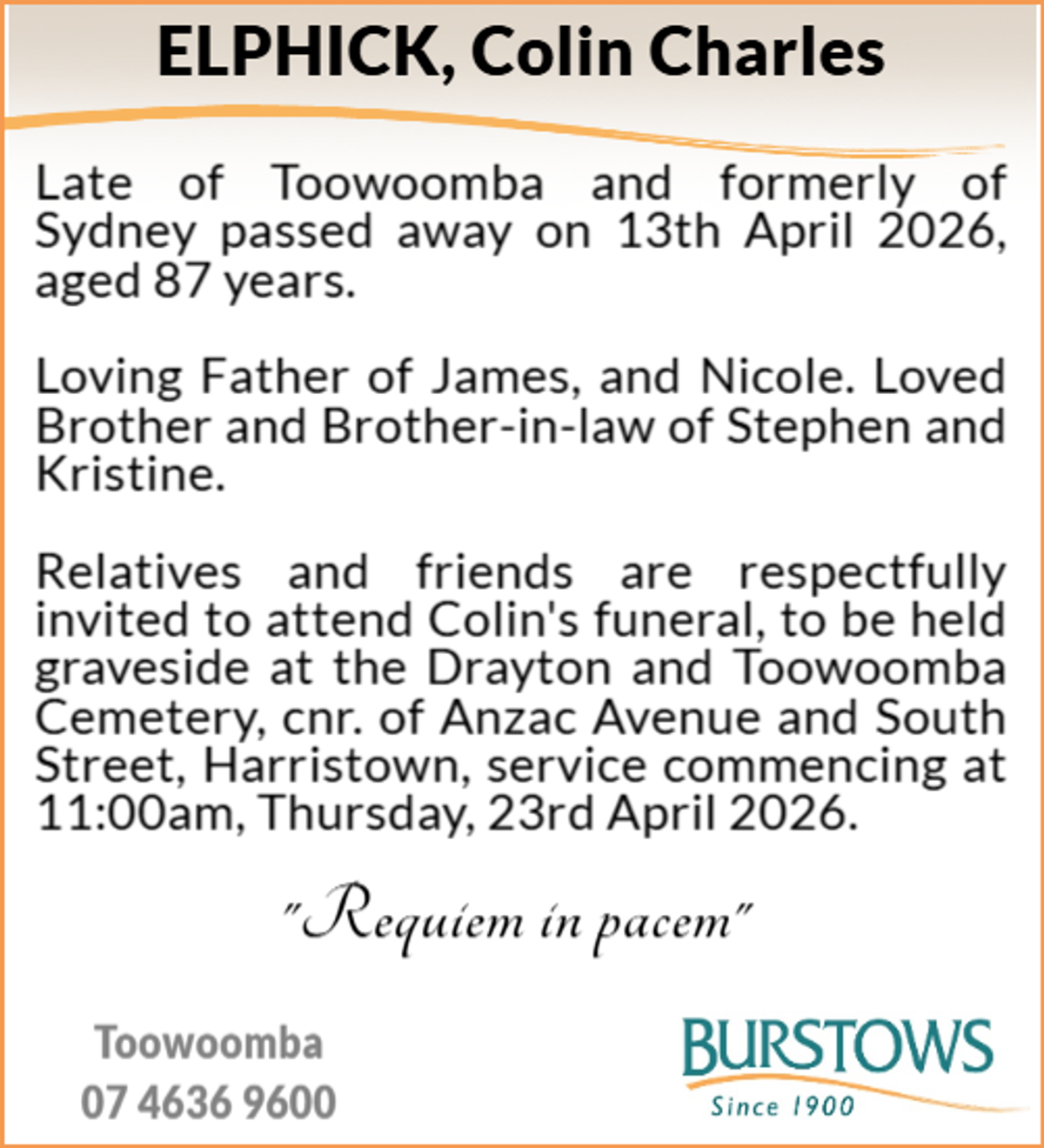 Funeral notice for Colin Charles Elphick