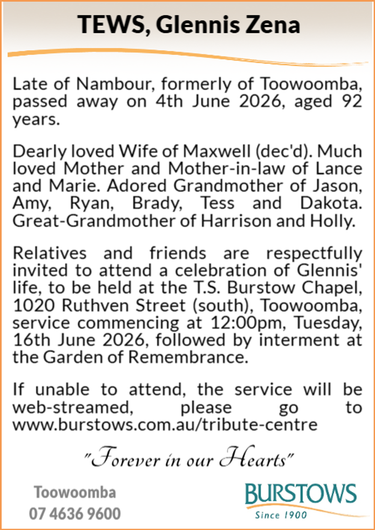 Funeral notice for Glennis Zena Tews