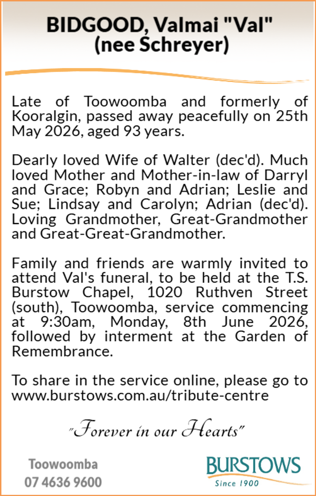 Funeral notice for Valmai Bidgood