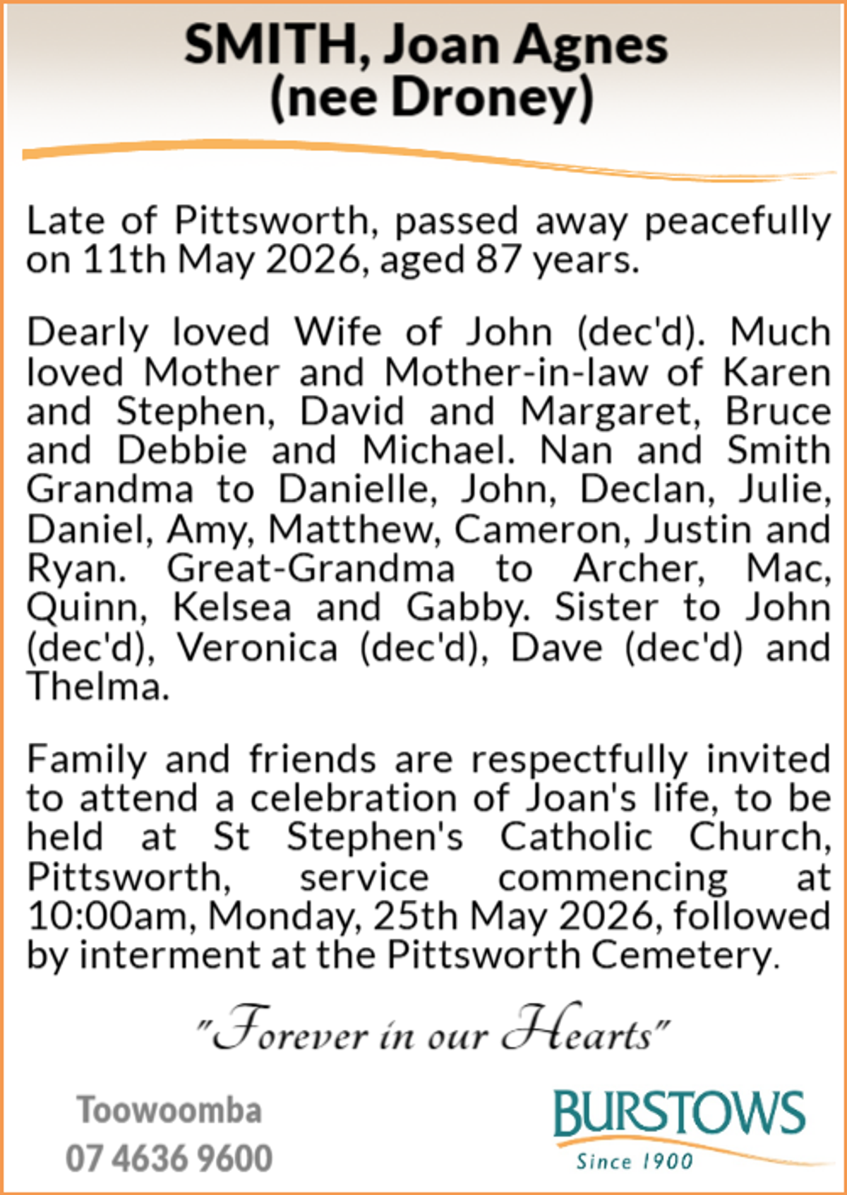 Funeral notice for Joan Agnes Smith