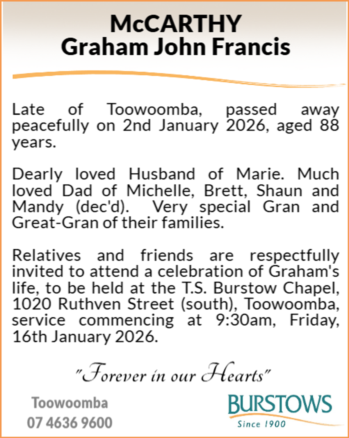 Funeral notice for Graham John Francis McCarthy