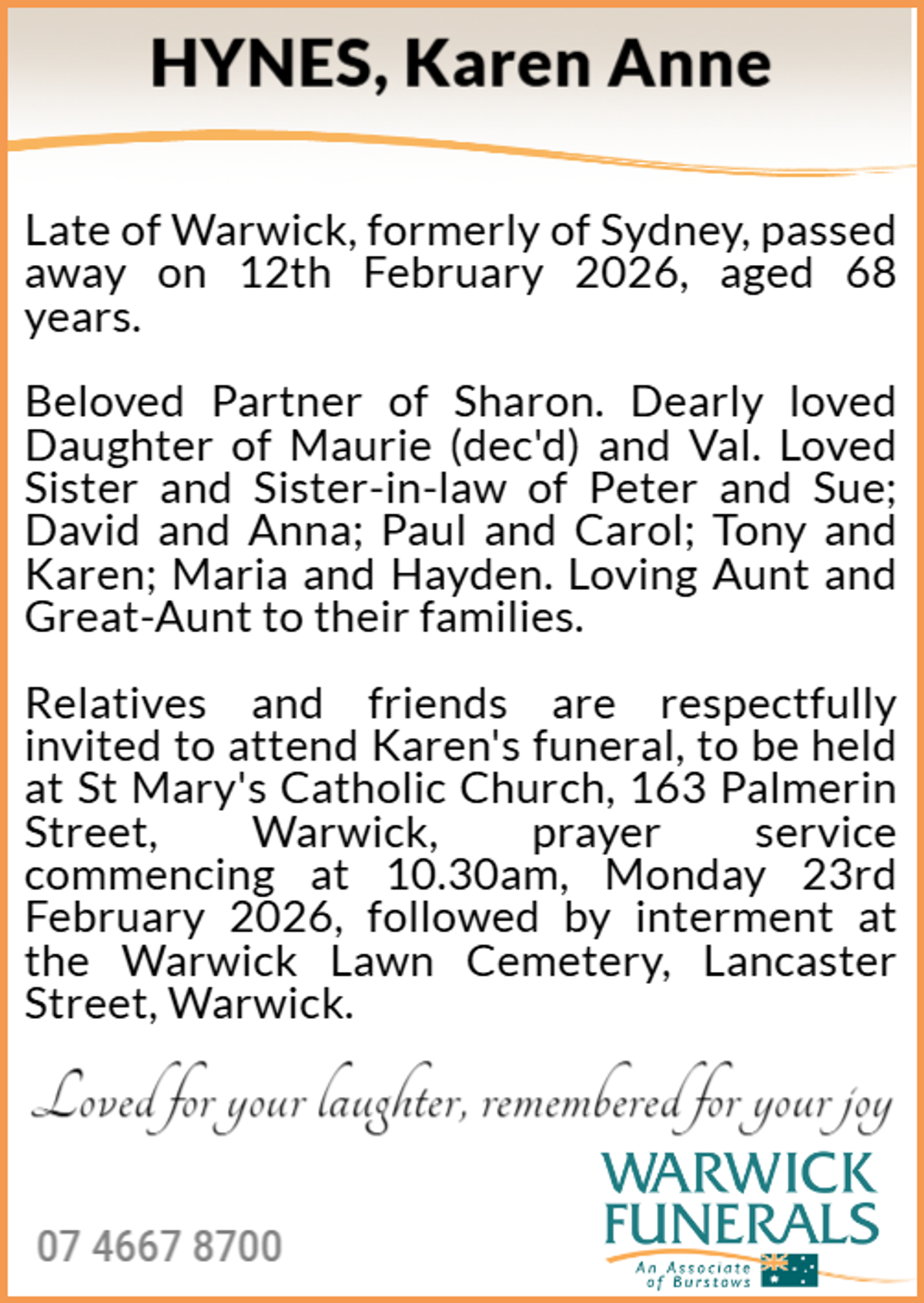 Funeral notice for Karen Anne Hynes