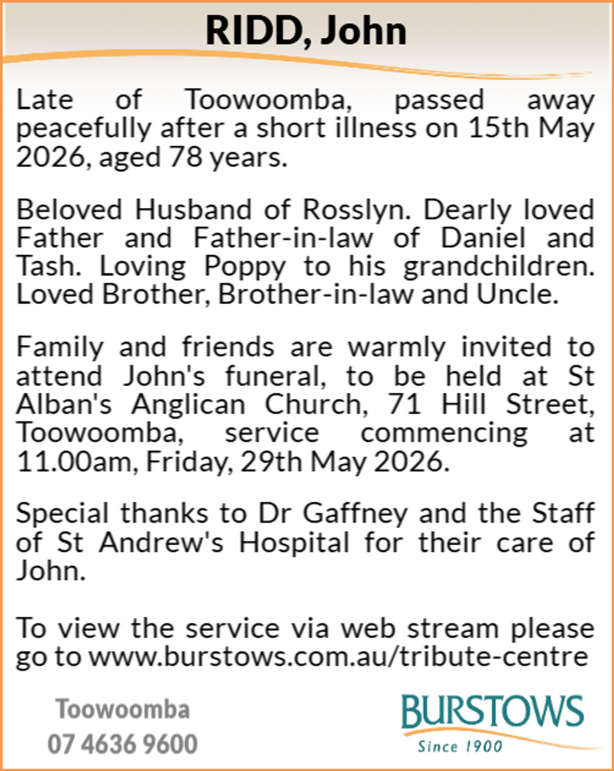 Funeral notice for John Ridd