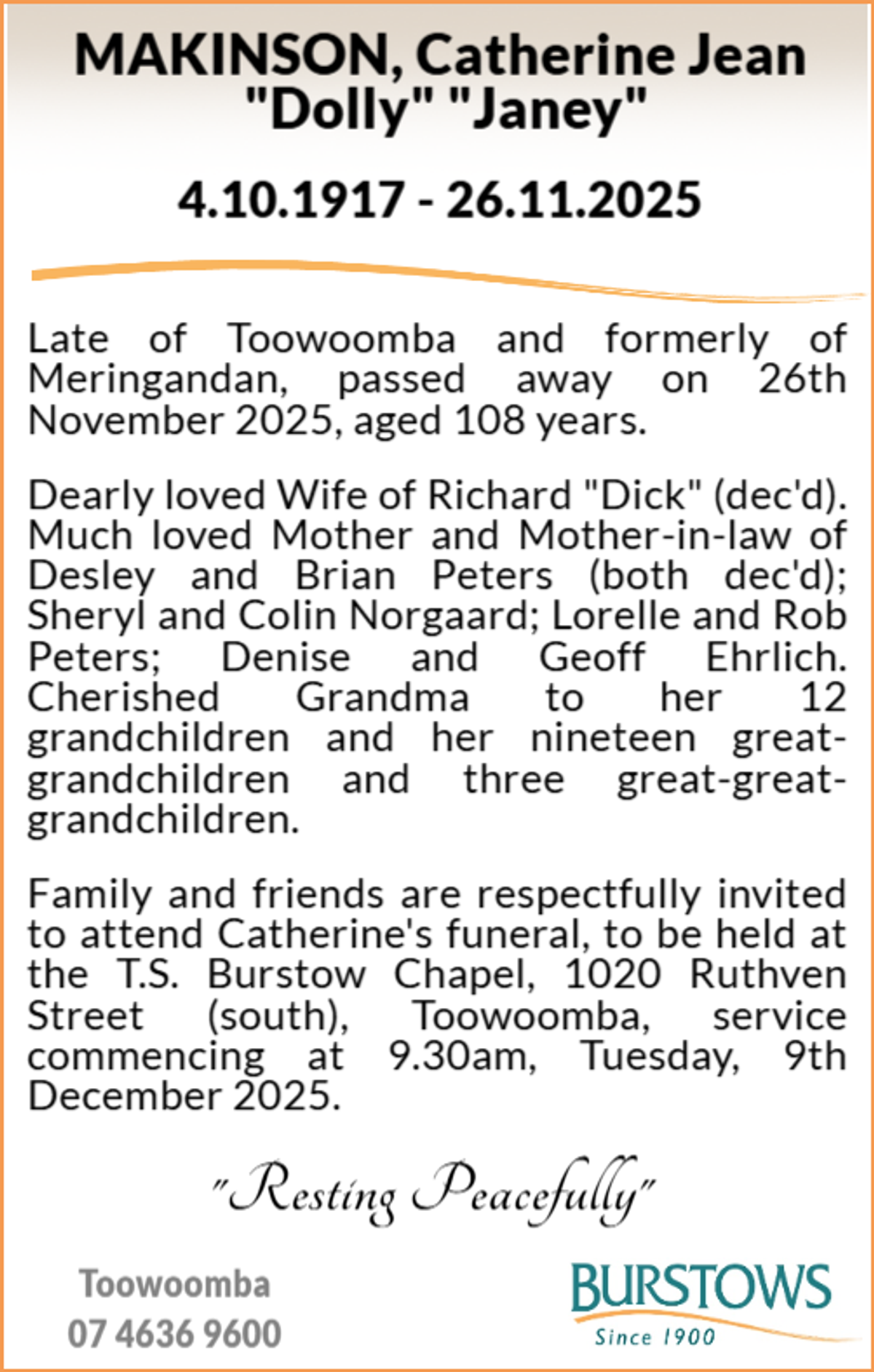 Funeral notice for Catherine Jean Makinson