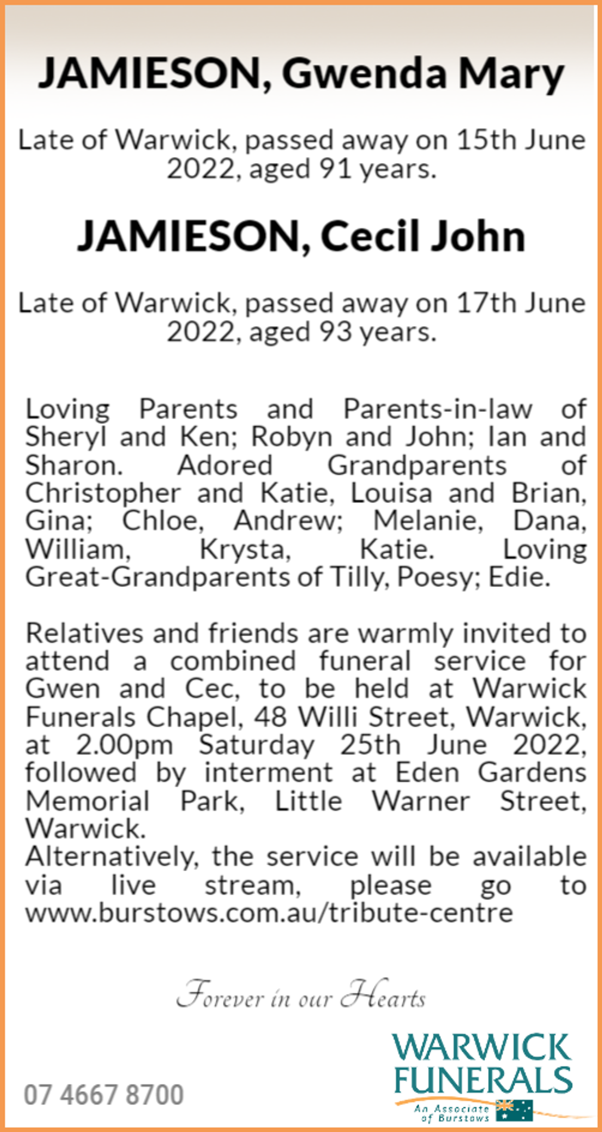 Funeral notice for Gwenda and Cecil Jamieson