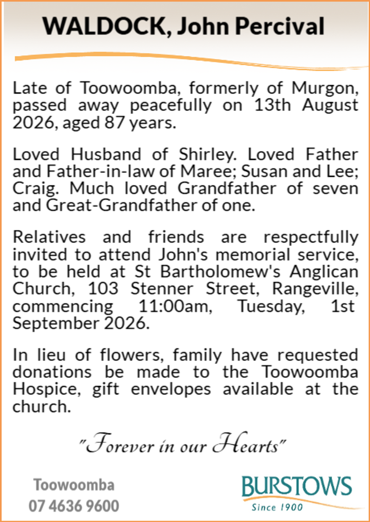 Funeral notice for John Percival Waldock