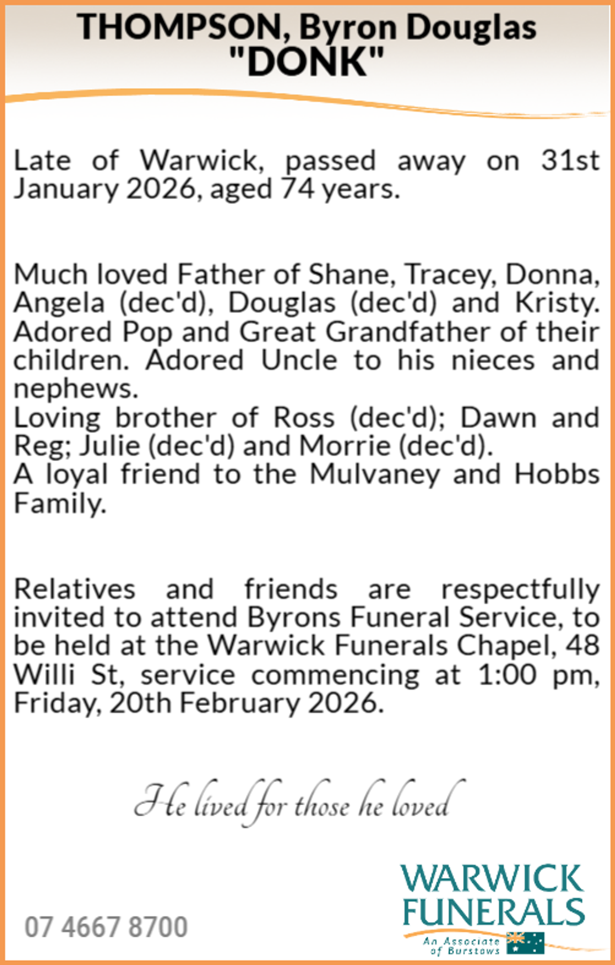Funeral notice for Byron Thompson