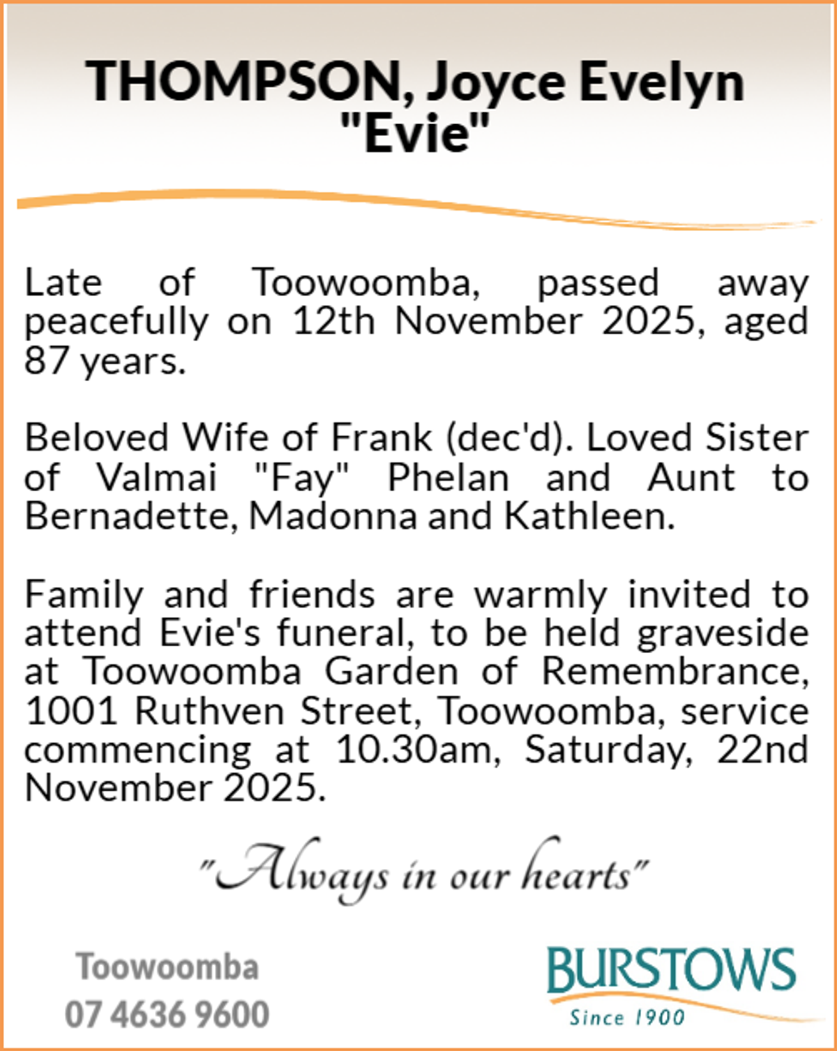 Funeral notice for Joyce Evelyn Thompson