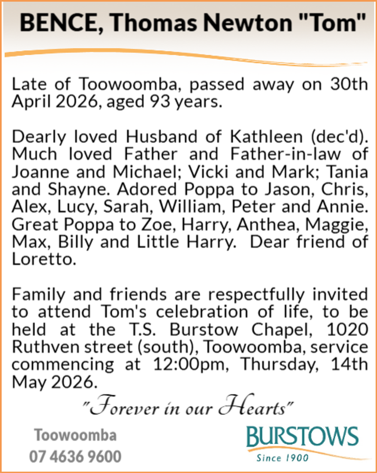 Funeral notice for Thomas Newton Bence