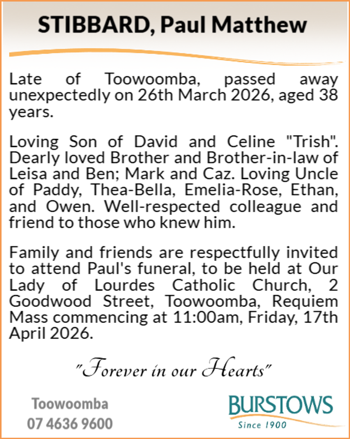 Funeral notice for Paul Matthew Stibbard