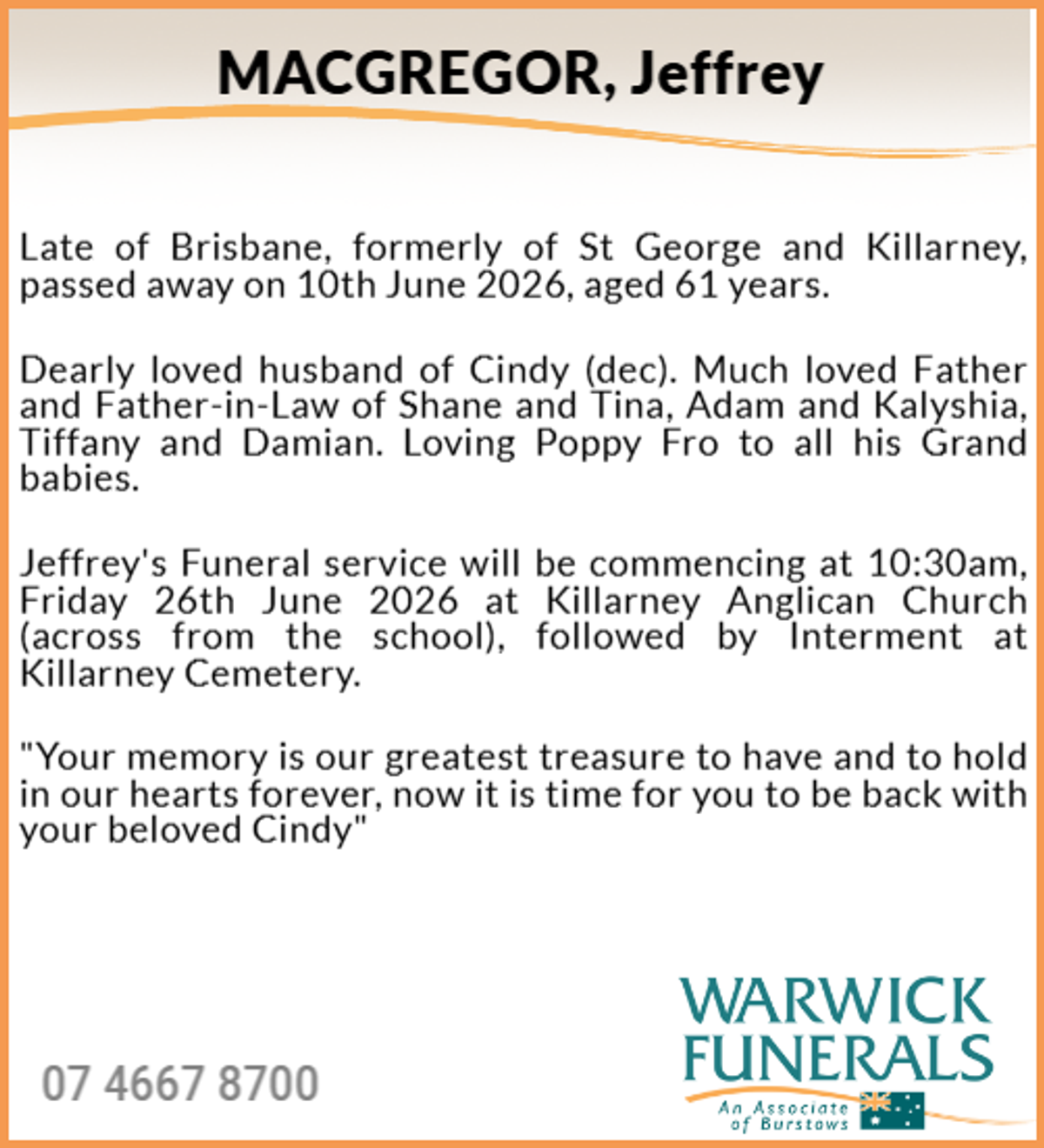 Funeral notice for Jeffrey MacGregor