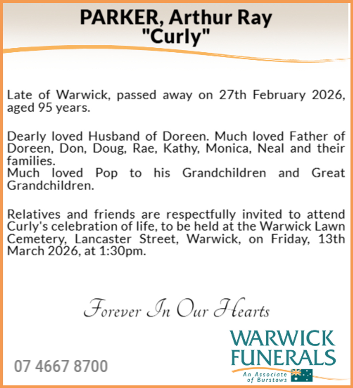 Funeral notice for Arthur Ray Parker