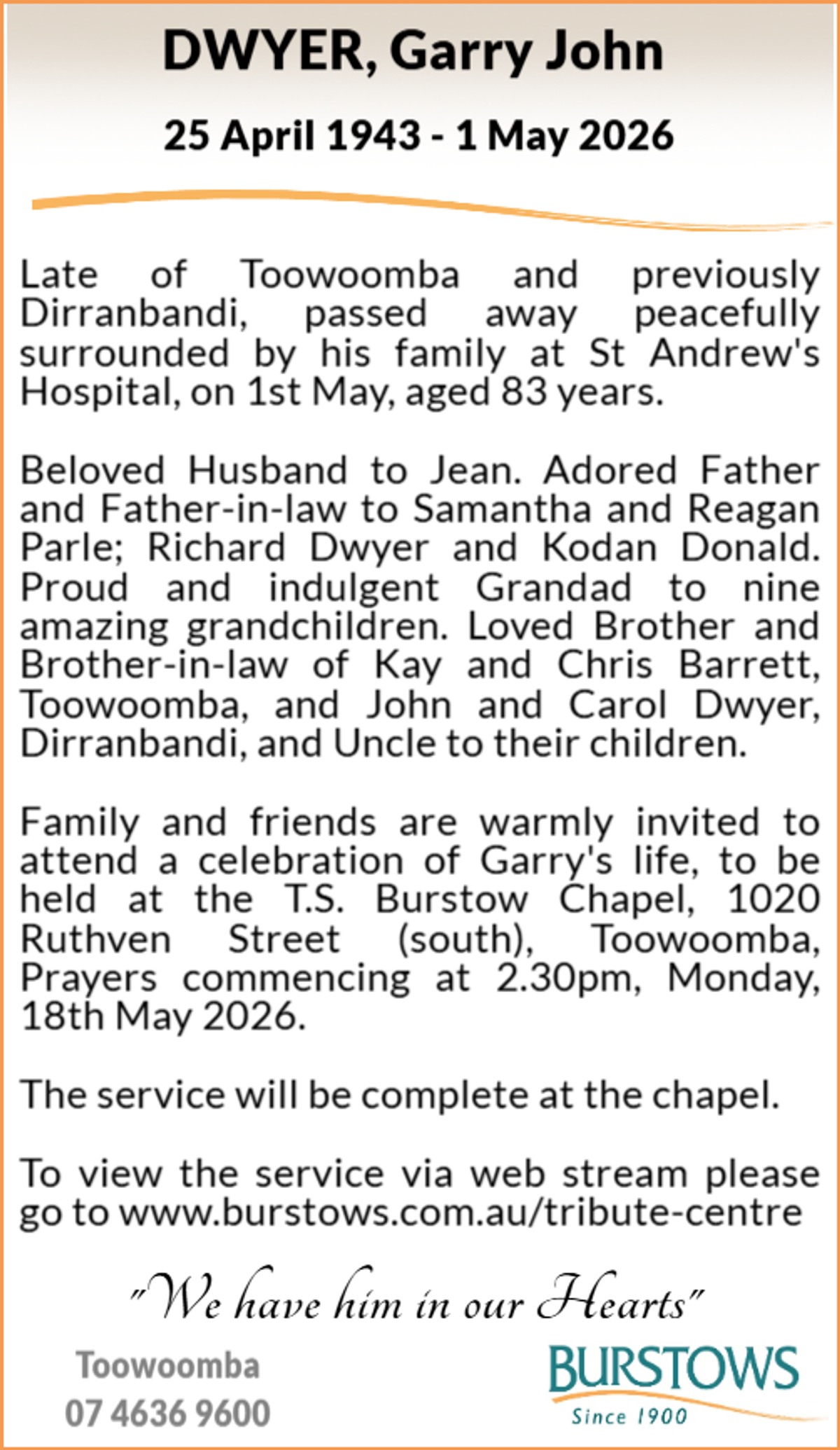Funeral notice for Garry John Dwyer