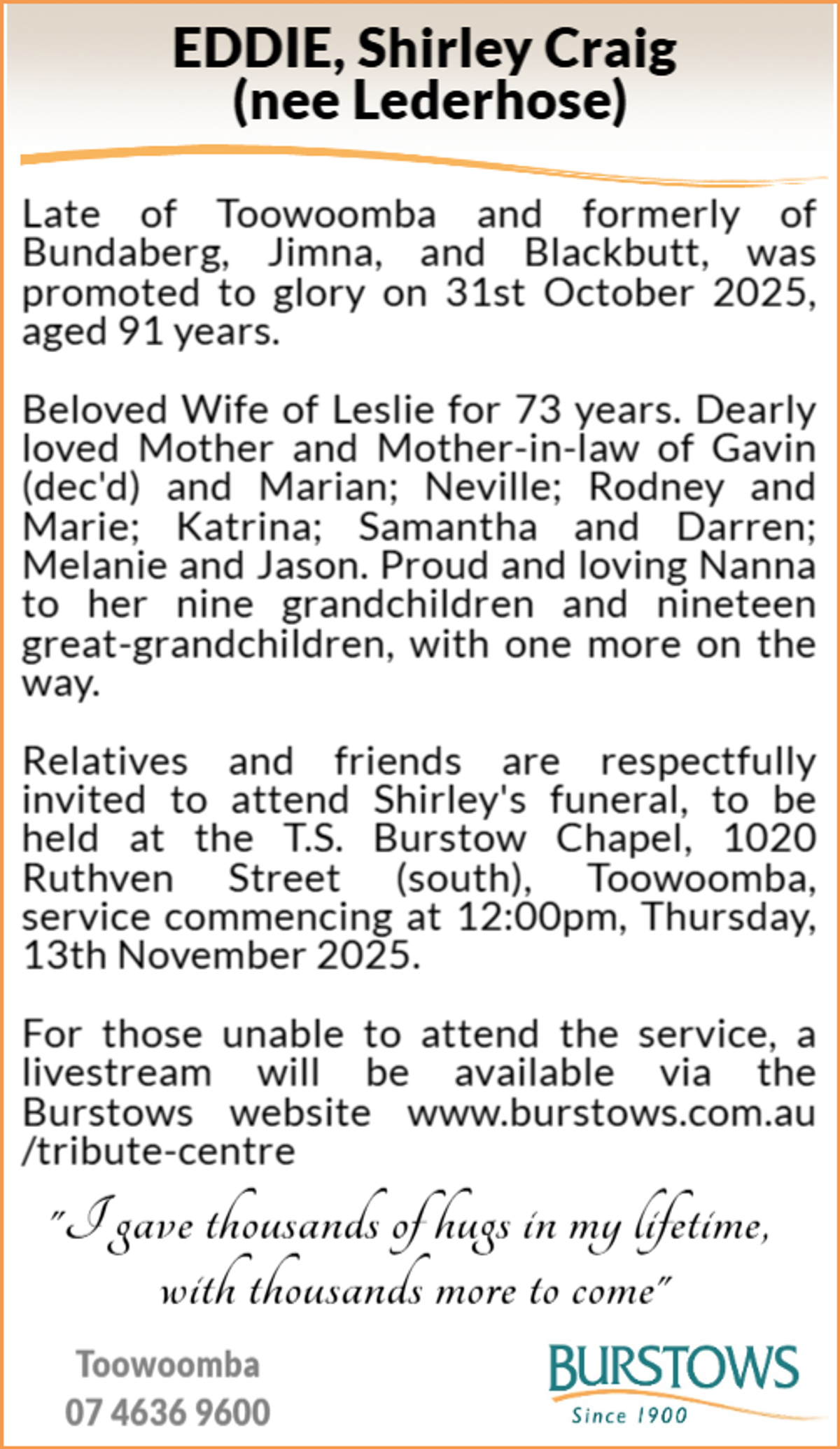 Funeral notice for Shirley Craig Eddie