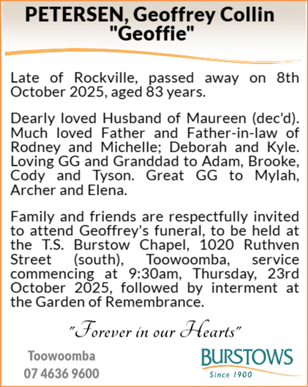 Funeral notice for Geoffrey Colin Petersen