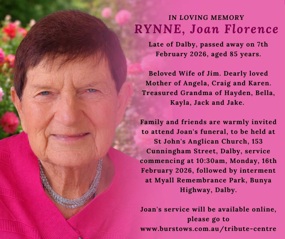 Funeral notice for Joan Florence Rynne