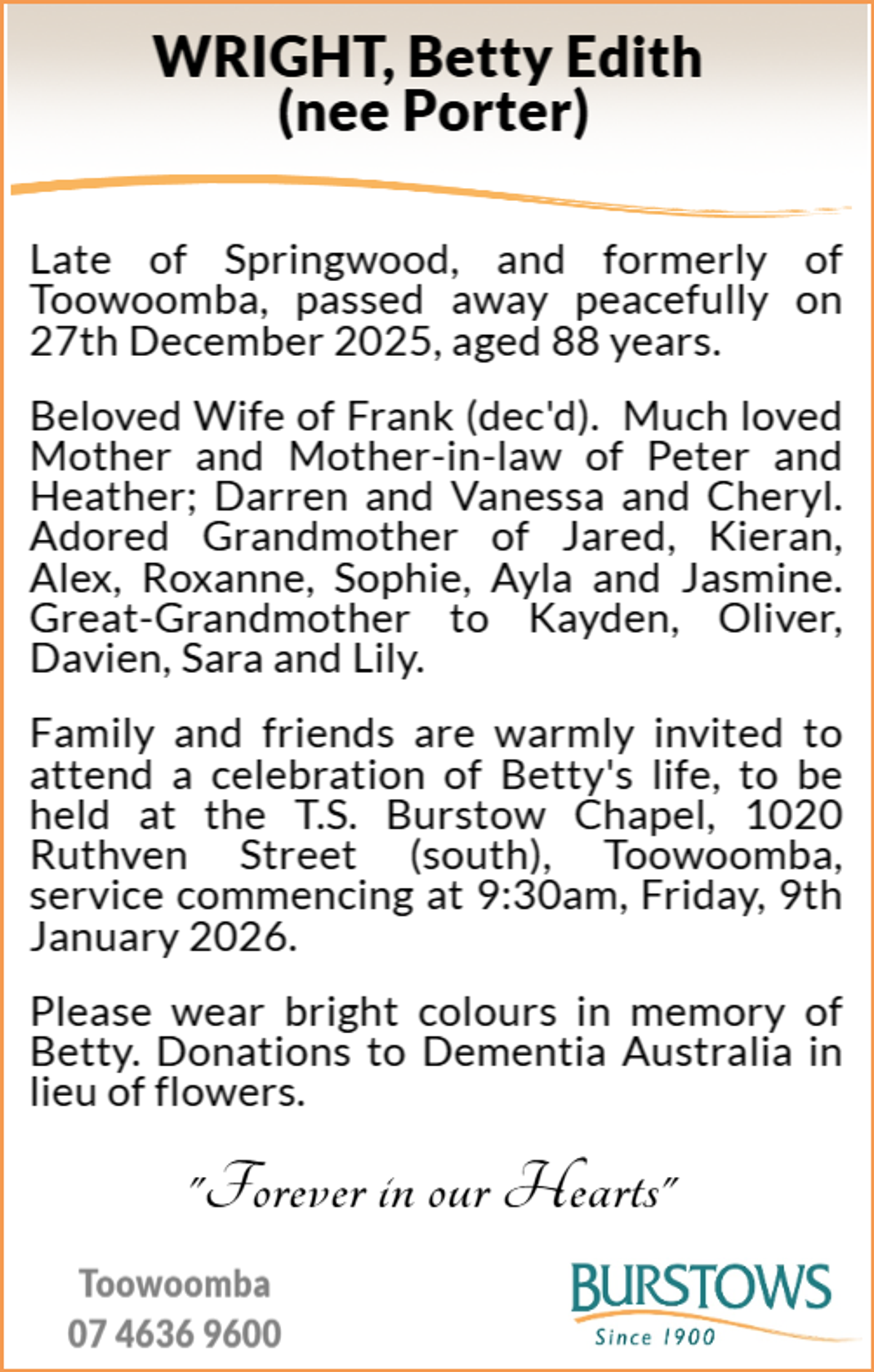 Funeral notice for Betty Edith Wright