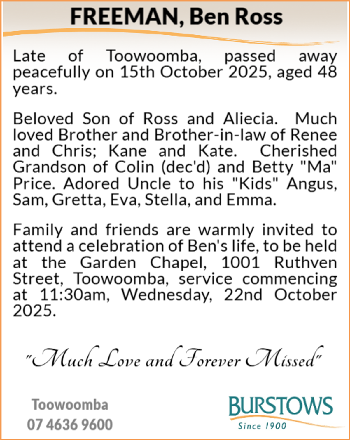 Funeral notice for Ben Ross Freeman