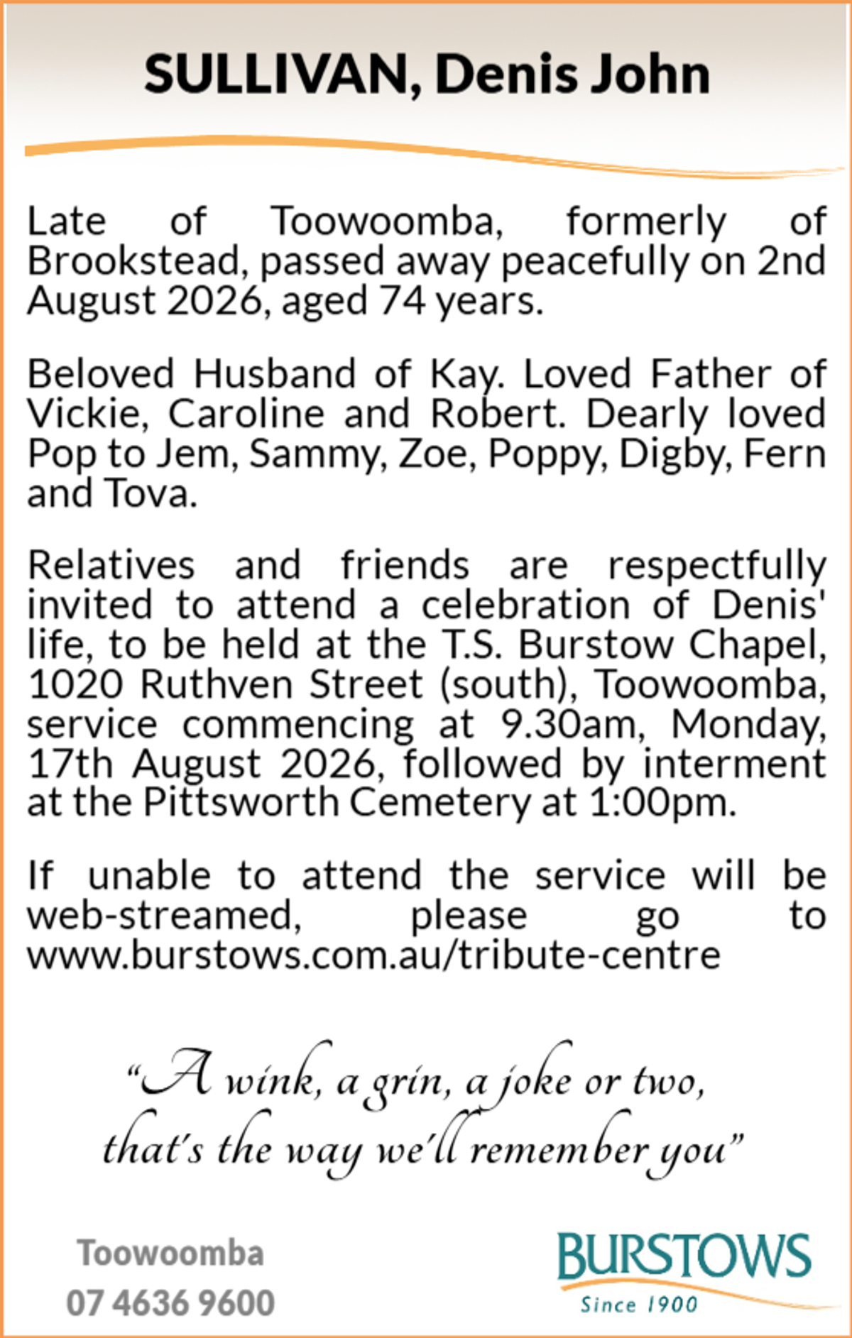 Funeral notice for Denis John Sullivan