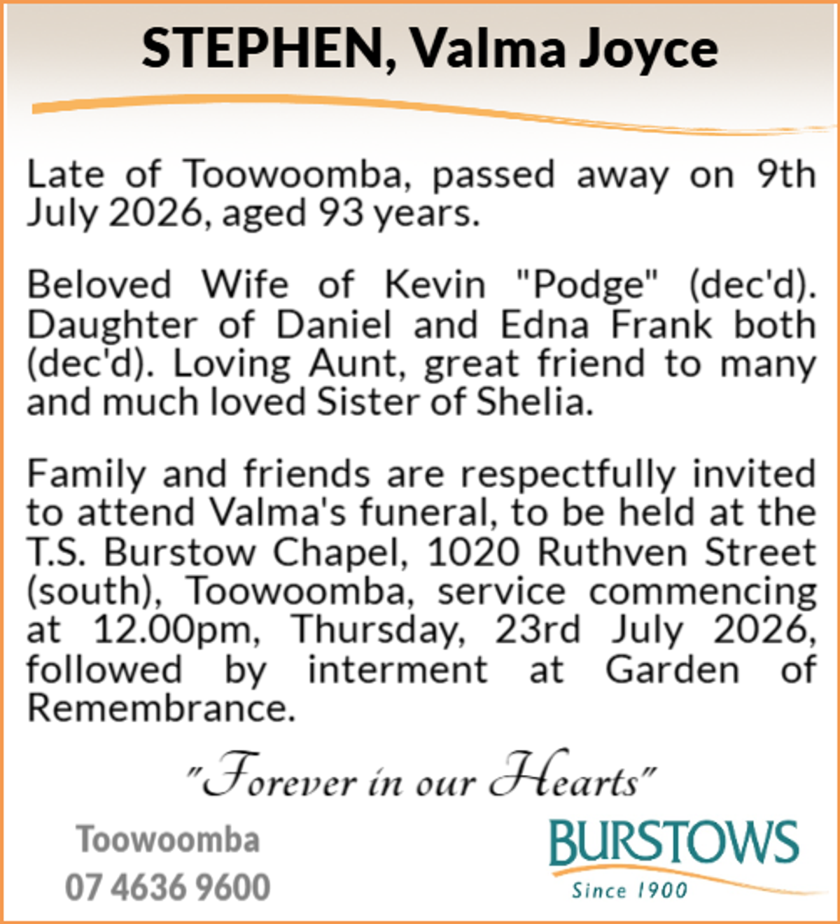 Funeral notice for Valma Joyce Stephen