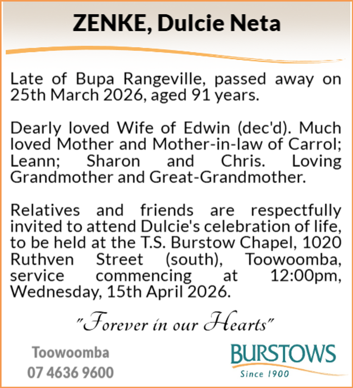 Funeral notice for Dulcie Neta Zenke