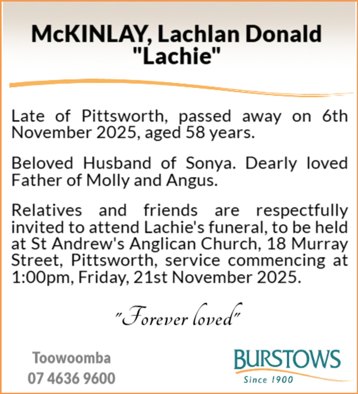 Funeral notice for Lachlan Donald McKinlay