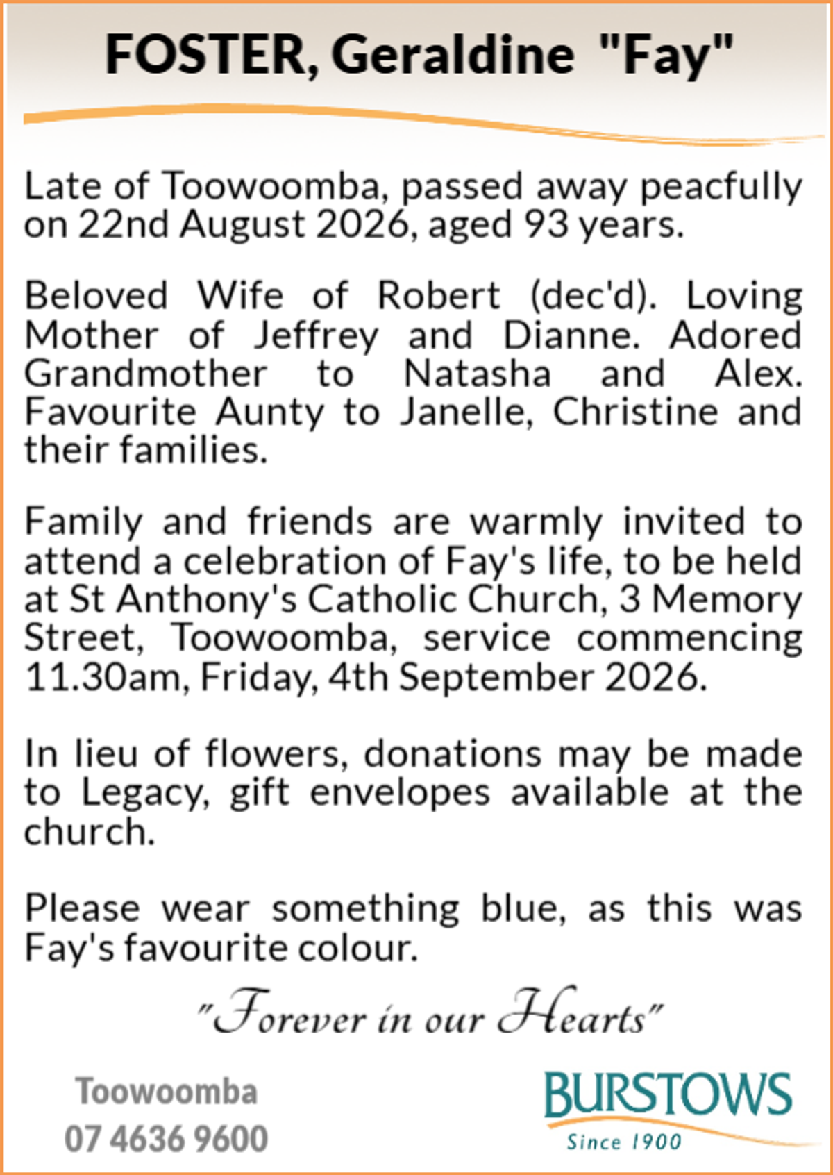 Funeral notice for Geraldine Fay Foster