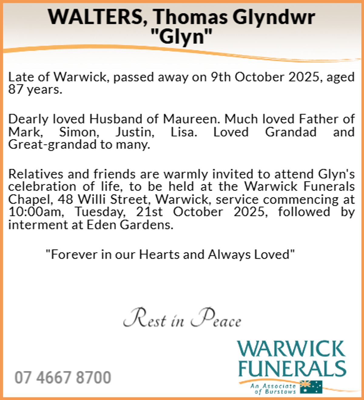 Funeral notice for Thomas Glyndwr Walters