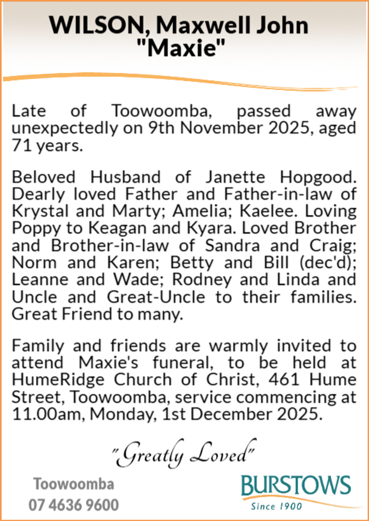 Funeral notice for Maxwell John Wilson
