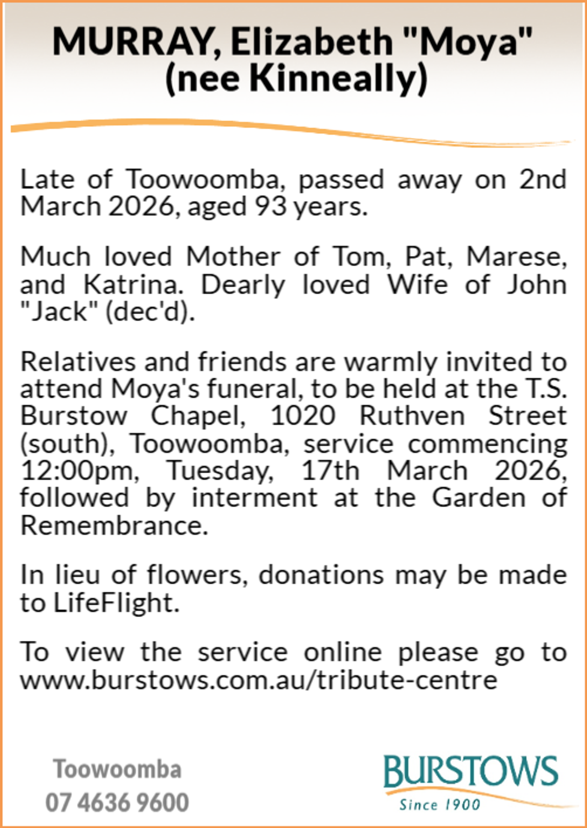 Funeral notice for Elizabeth Moya Murray