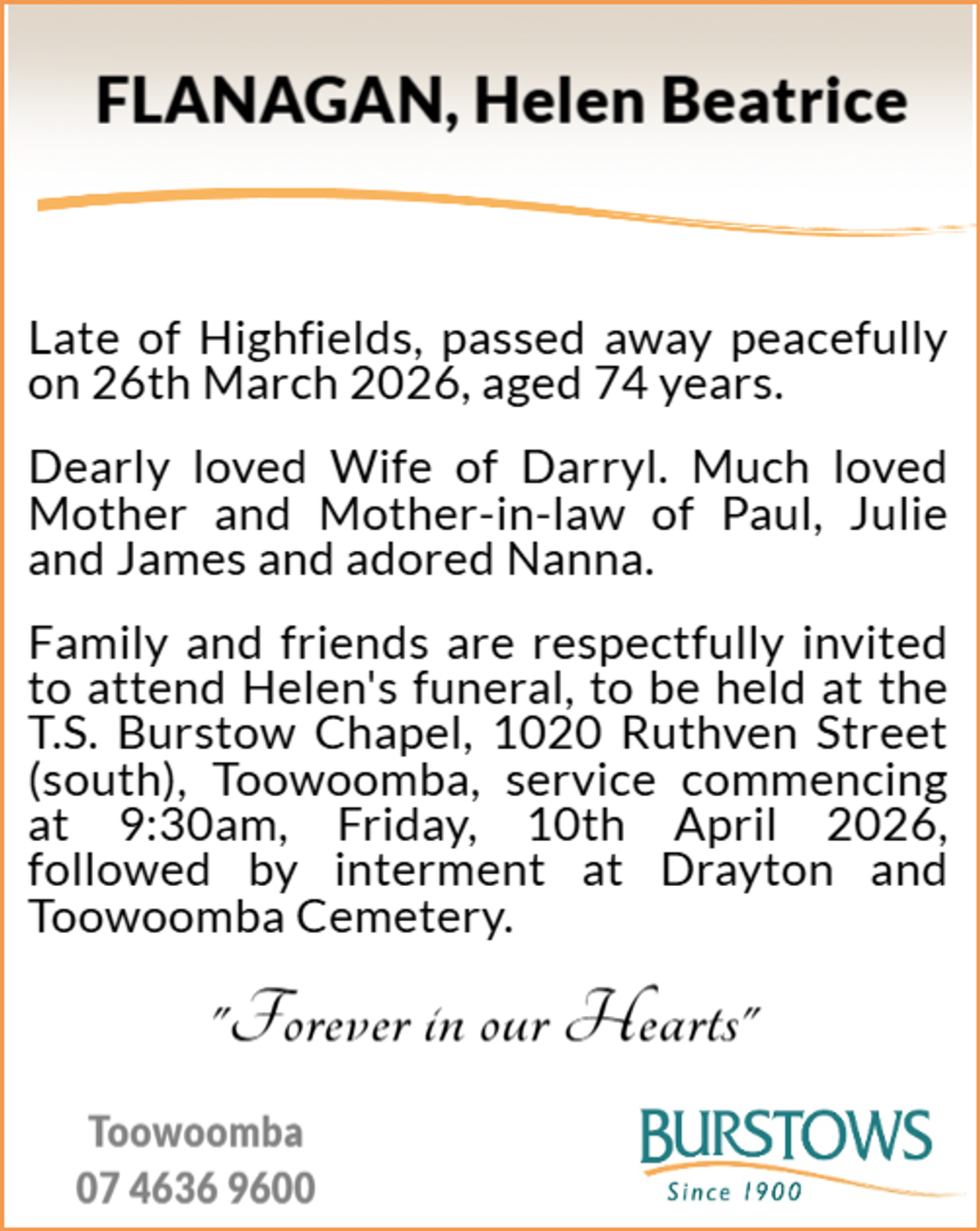 Funeral notice for Helen Beatrice Flanagan