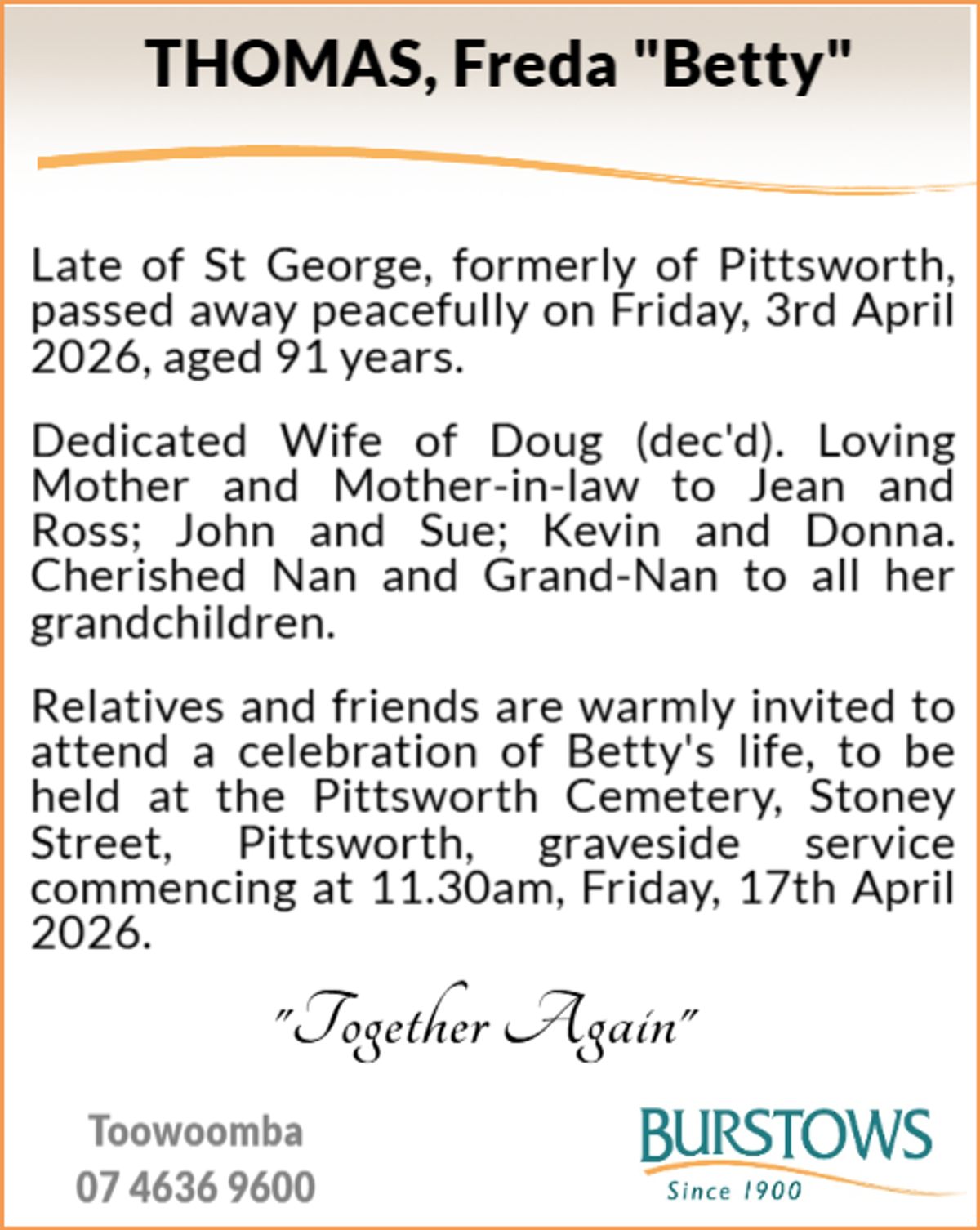 Funeral notice for Freda Thomas