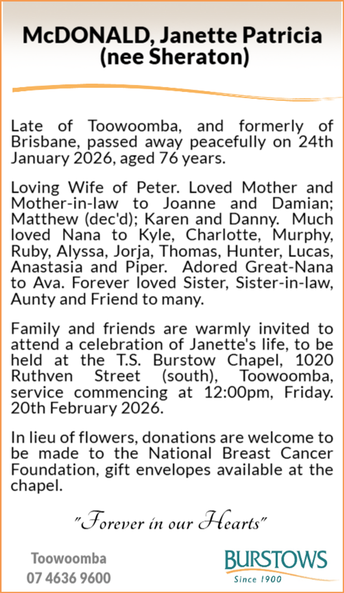 Funeral notice for Janette Patricia McDonald