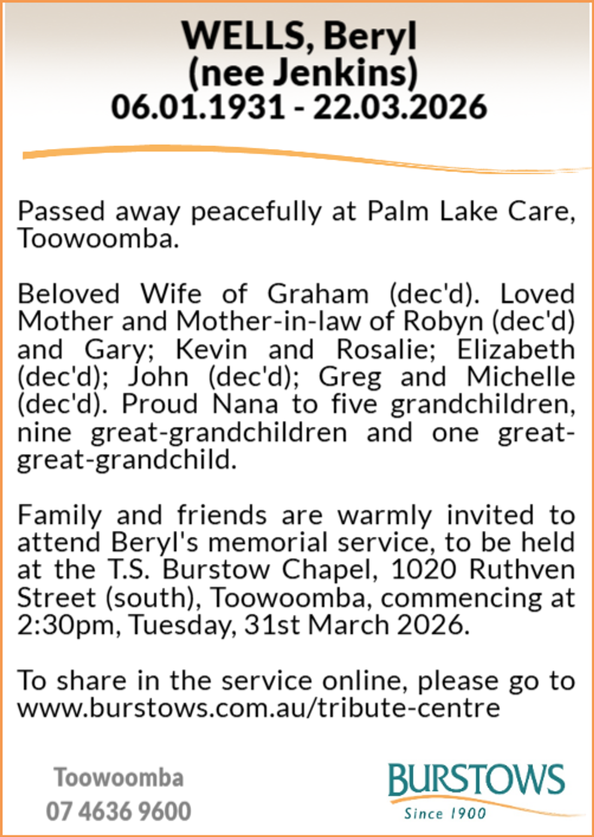 Funeral notice for Beryl Wells